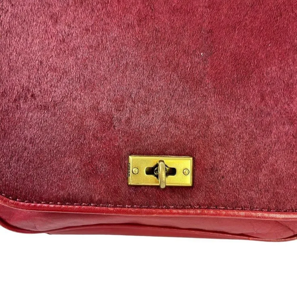 Fossil Womens Red Calf Hair Fur Crossbody Genuine Leather Purse Shoulder Bag